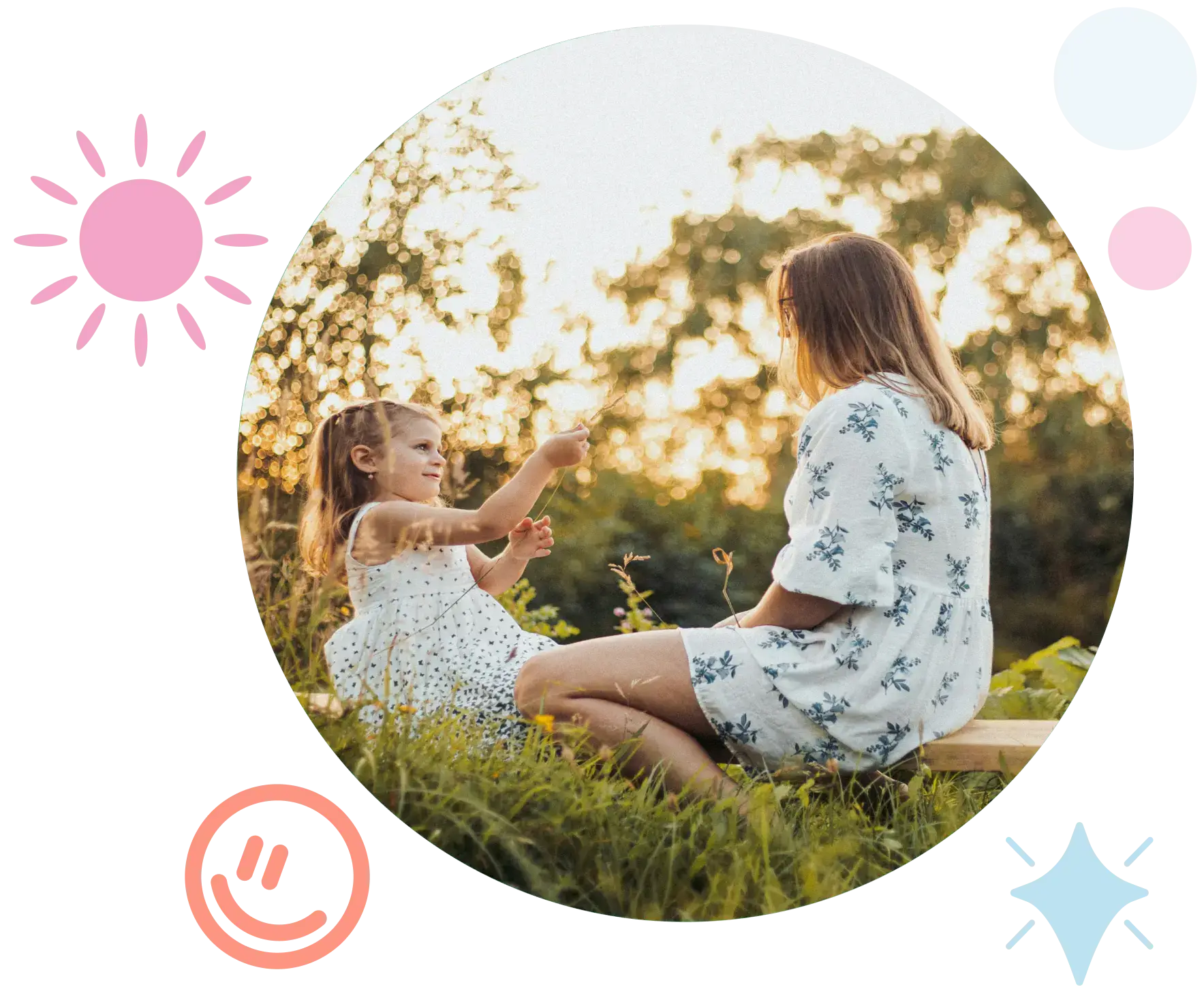 Parent and child enjoying a peaceful outdoor moment together in a green setting.