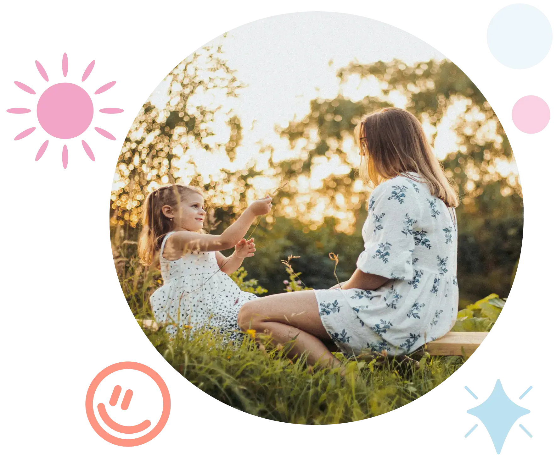 Parent and child enjoying a peaceful outdoor moment together in a green setting.