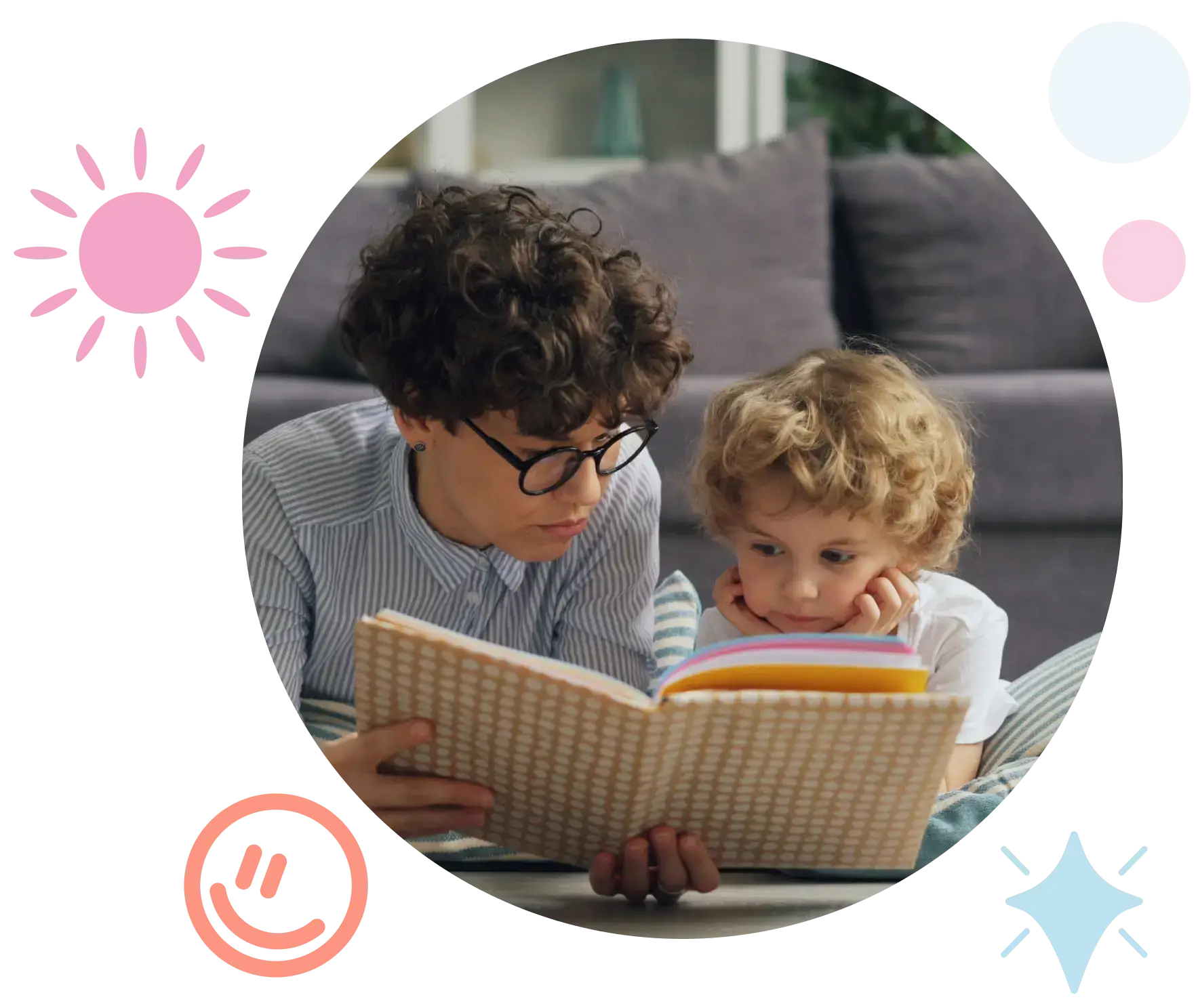 Parent reading a picture book with a young child while sitting together on a sofa